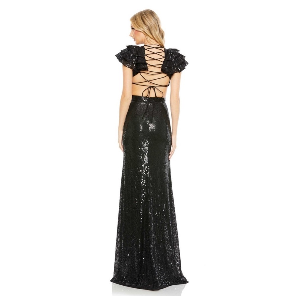 Mac Duggal Sequined Ruffled Cut Out Lace Up Gown Black NWT 8 10829 - Picture 3 of 4